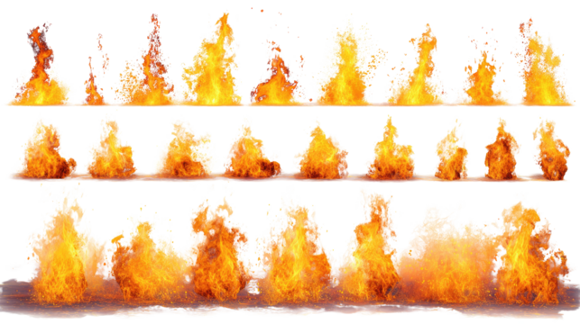 Set of vibrant, colorful flame graphics on a transparent background for creative projects.