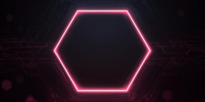 Pink neon glowing hexagon frame with futuristic digital tech background
- Powered by Adobe