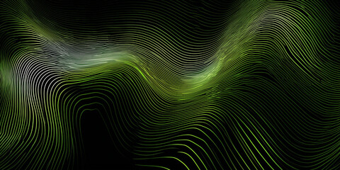 Green abstract flowing topographic wave lines with luminous texture
