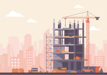 Obraz premium Construction Site with Crane and Scaffolding in Cityscape Illustration.