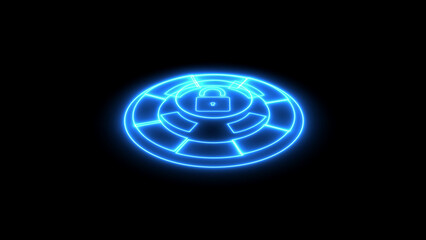 Blue neon circular lock icon with technology pattern