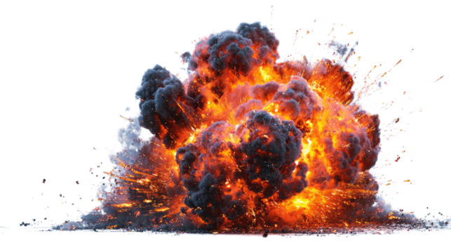 Dynamic explosion with vibrant flames and smoke on a white isolated background.