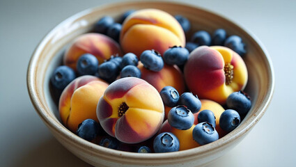 Vibrant peaches and blueberries artfully arranged in a rustic bowl, bursting with fresh, natural sweetness and healthy goodness.