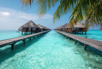 Fototapeta premium Overwater bungalows with thatched roofs stretch into the clear turquoise sea under a sunny sky and palm trees.
