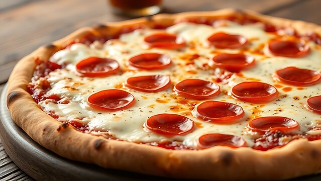 Close-up view of a pepperoni pizza with melted cheese on a rustic wooden table, evoking warmth.