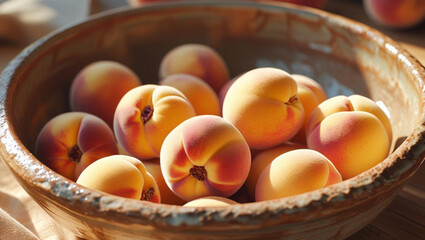 Juicy ripe peaches nestled in a rustic ceramic bowl bathed in warm sunlight, evoking summer freshness and healthy eating.