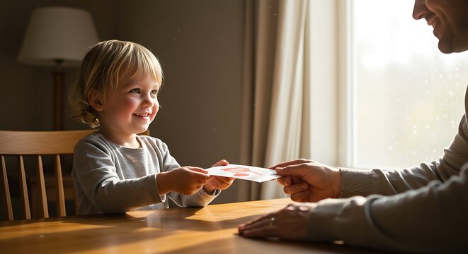 Child smiling, giving drawing to adult, indoor scene. - Powered by Adobe