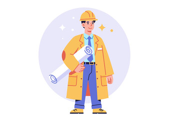 Cartoon Engineer Holding Blueprint Roll Wearing Yellow Hard Hat and Coat.