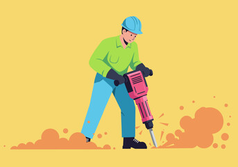 Construction Worker Using Jackhammer Wearing Hard Hat and Gloves Breaking Ground.
