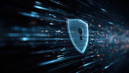 Abstract digital shield with data streams. A glowing, polygonal shield, with a keyhole symbol embedded, is central to the image.