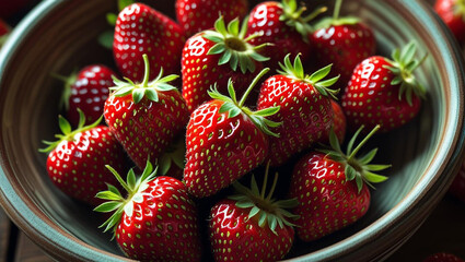 Vibrant ripe strawberries overflowing in a rustic bowl, showcasing fresh summer sweetness and natural goodness, perfect for culinary inspiration.