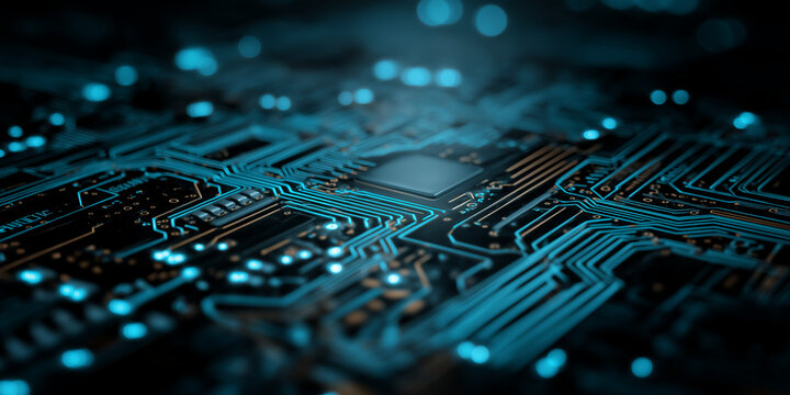 Closeup glowing chip on circuit board with futuristic blue light
