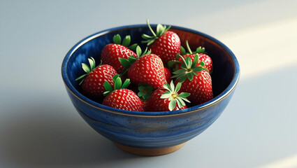 Vibrant red strawberries brimming in a rustic blue ceramic bowl, a fresh and healthy summer treat
