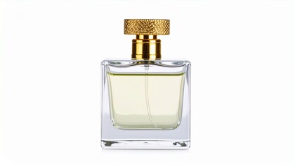 A luxurious rectangular glass bottle of eau de parfum with a textured gold lid, showcased on a pristine white backdrop for beauty concepts.