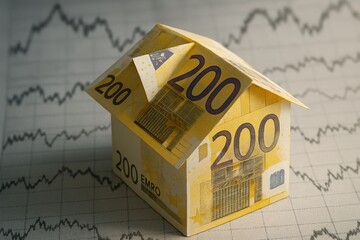 Financial Stability: A symbolic representation of financial stability, featuring a house meticulously crafted from euro banknotes. The image evokes themes of security, investment.