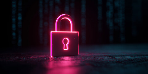 Pink neon glowing padlock with digital background and cyber security
