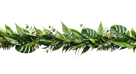 A vibrant garland of tropical leaves and greenery, arranged in a horizontal line against a white background.
