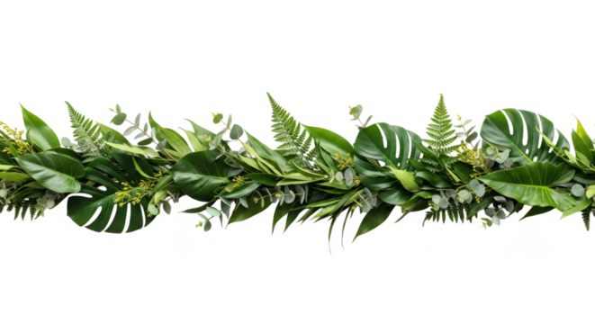 A vibrant garland of tropical leaves and greenery, arranged in a horizontal line against a white background.