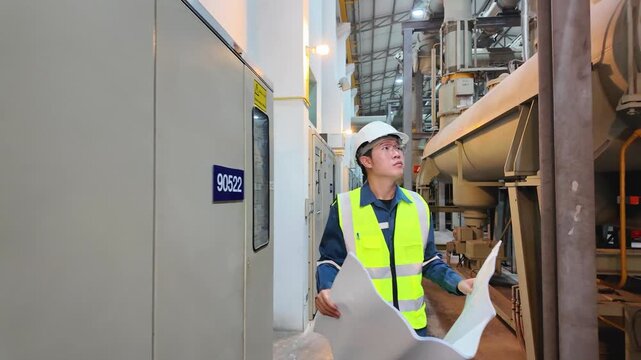 Technician inspecting gas insulated switchgear panel inside power station with safety helmet and blueprint ensuring operational efficiency and safety in industrial environment