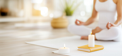 Serene meditation scene featuring a woman, candles, and a peaceful atmosphere