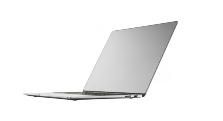 A modern, silver laptop computer is shown open, angled against a white background.