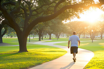 Obraz premium A person walking on the path in a park on a sunny day. The person is strolling along a winding path through a green, peaceful environment
