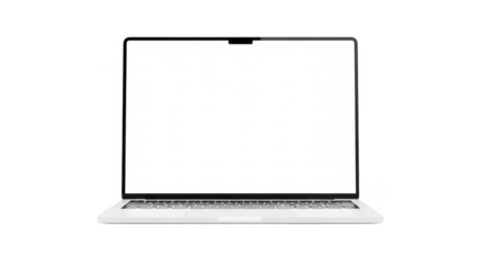 A silver laptop is open with a blank white screen, isolated on a white background, viewed from the front.
