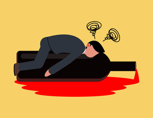 Alcohol addiction. A Drunk businessman sleeps on a bottle of liquor