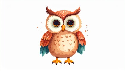 Charming little cartoon owl with big expressive eyes. Adorable baby bird character in a whimsical, colorful art style isolated on a white background.