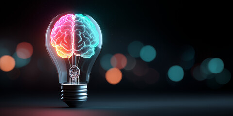 Creative glowing brain inside light bulb representing innovation and ideas
