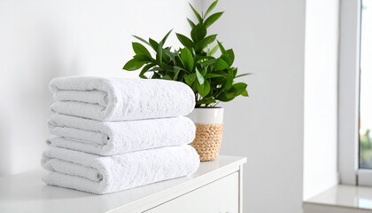 Pristine white bath towels perfectly folded in a stack on a dresser, with a vibrant green plant adding a touch of nature and spa-like serenity.