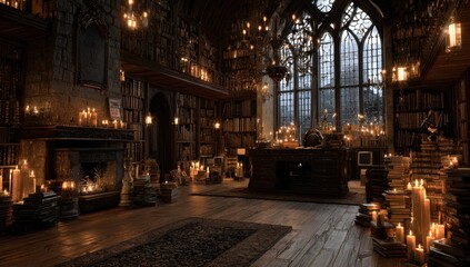 Obraz premium A dimly lit, ancient library with towering bookshelves, a fireplace, and many candles