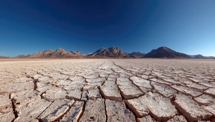 Vast, cracked earth stretches to a distant mountain range under a vibrant blue sky