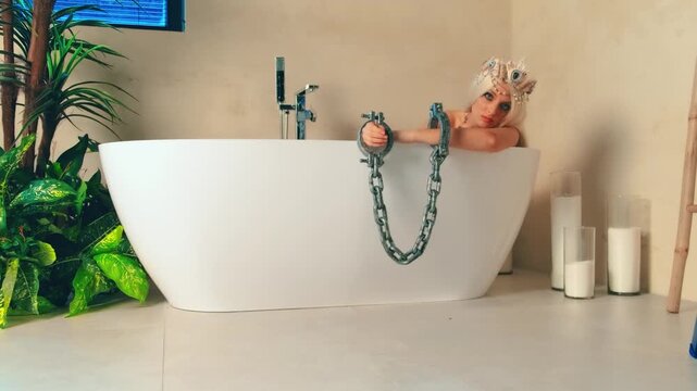 Cute fantasy woman mermaid sitting in bathtub. Unhappy blonde girl captive, hands holding chain, asking release gesture. Blue eyes. White long hair, silver creative nixie outfit, designer art fishtail
