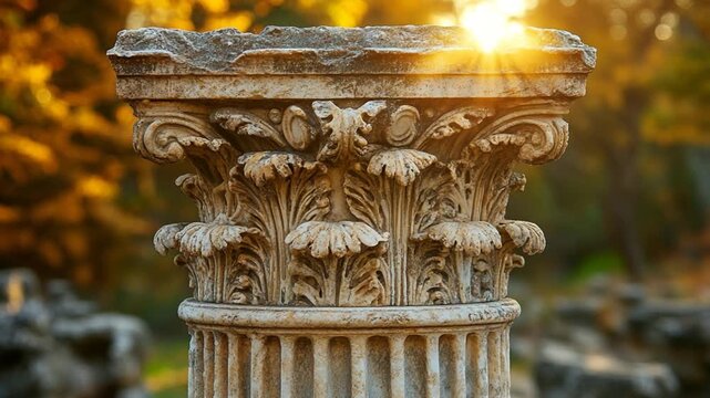 Ornate stone column, blurred trees, sunlight through top edge