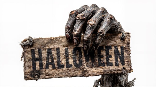 Dead man's hand holding wooden sign with "HALLOWEEN" written on white background
