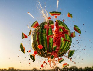 Exploding watermelon caught mid-flight releasing a spray of ruby flesh and black seeds into airy surrounding space