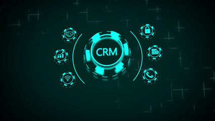 CRM technology network with business icons in cyan