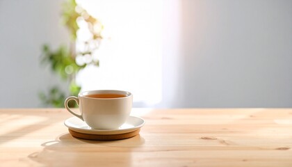Fototapeta premium Cup of hot tea on a wooden table in the morning sunlight, creating a cozy and relaxing atmosphere for a peaceful break.