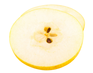 A thin slice of a fresh pear, isolated on a white background, representing a classic fruit and a healthy snack.