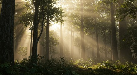 Obraz premium Foggy morning in a dense rainforest with sun rays breaking through