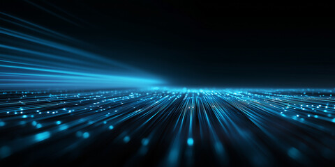 Blue glowing digital data flow on futuristic cyber landscape
