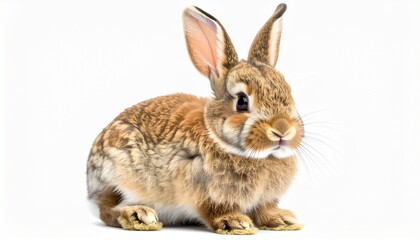 Adorable fluffy brown rabbit sitting attentively on a clean white background. A charming portrait of a single domestic pet bunny isolated in a studio.