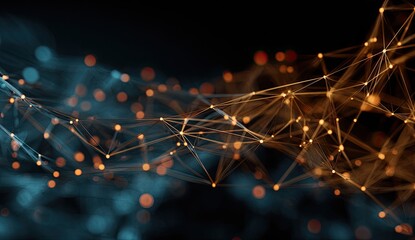 Abstract network of interconnected nodes and lines in teal and amber tones