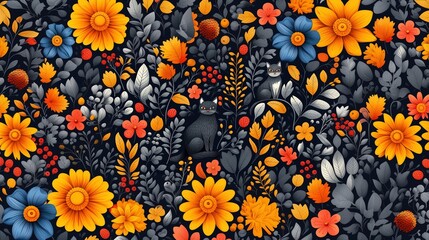 Floral Pattern with Cats and Colorful Flowers on Dark Background