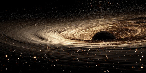 Black hole with glowing accretion disk and scattered cosmic particles
