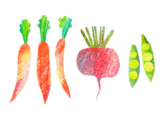 set of vegetables in collage style, carrot, beetroot, peas