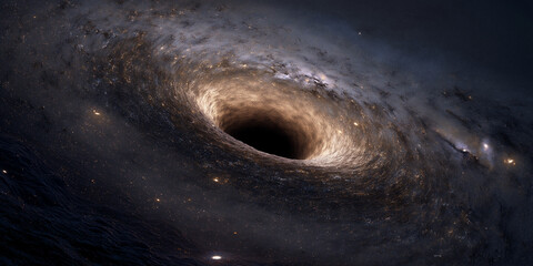 Massive black hole with glowing swirling accretion disk in cosmic space
