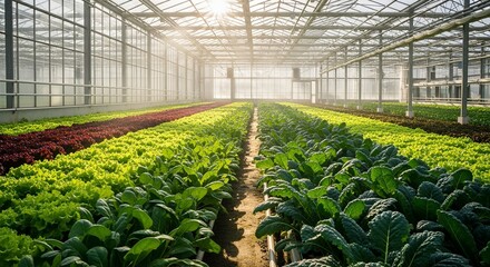Greenhouse with Rows of Leafy Greens and Vegetables Growing Under Glass Roof, Cultivating Fresh Produce for Sustainable Agriculture