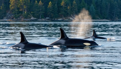 Orca whales swimming together in tranquil waters coastal landscape nature photography serene environment